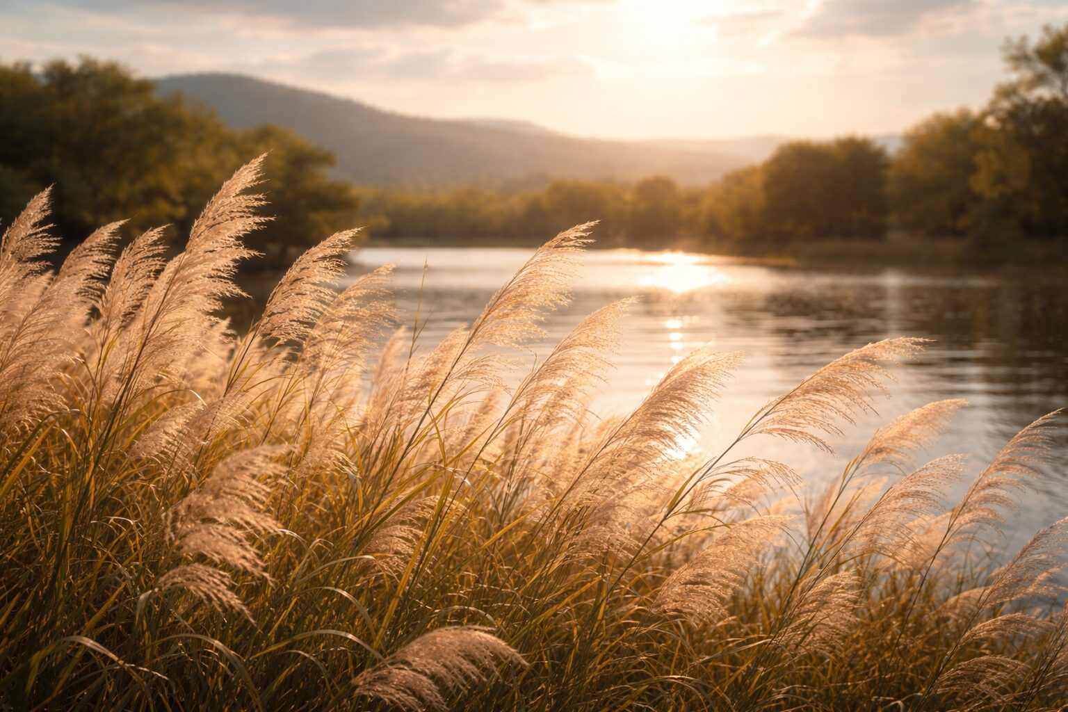 穏やかな湖と夕日の草原